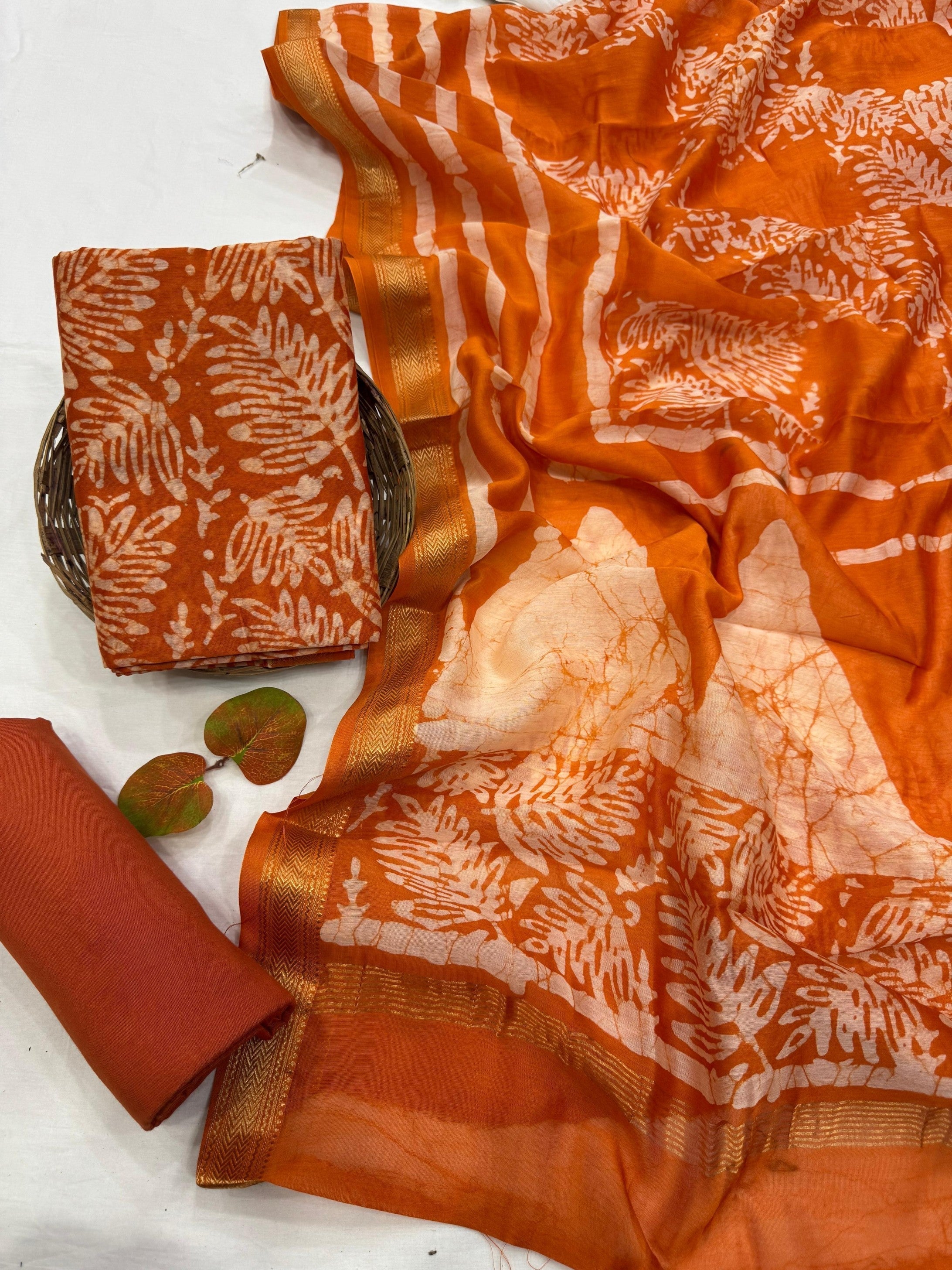 Maheshwari Silk Orange Floral Leaf Dress Material – Handblock and handwoven fabric for wholesale boutique collections